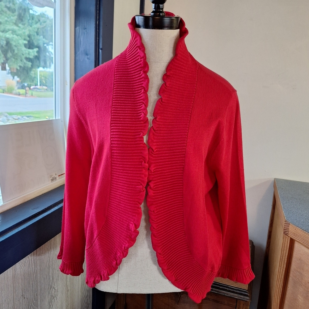 Thesis "Bright Red" Ruffled Cardigan, Size 1X, Style#THX-14438
